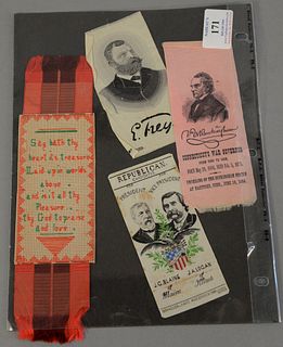 Three ribbons including Republican Candidates for President and Vice President J.G. Blaine of Maine and JA Logan of Illinois made in Marlboro, CT, Buc