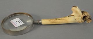 Magnifying glass with stag handle carved with bear on hill and rabbit, lg. 10".