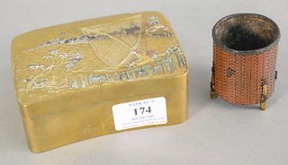 Two piece lot to include Japanese multi-metal match holder mounted with crab and bugs along with multi-metal box with fisherman, ht. 2", top 3 1/2" x 