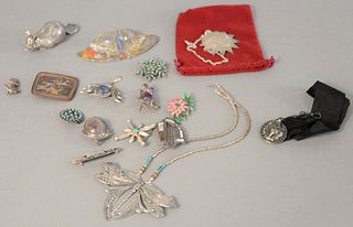 Tray lot of silver jewelry with enamelings, stones, silver merit badge c. 1820 along with silver mouse container.