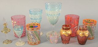 Tray lot of Victorian glassware to include pair of coralene decorated tumblers with birds, enamel decorated stems and tumblers, tallest 6 1/4".