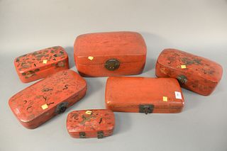 Group of six Chinese red and black lacquered paper mache boxes, 20th C., largest lg. 13 1/2". Estate of Marilyn Ware, Strasburg, PA.