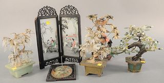 Six piece Chinese group to include four hardstone Bonsai tree, reverse painted, two part screen, ht. 13".