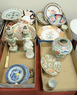 Four tray lots of Chinese porcelain to include Masons moonstone, Rose Medallion, Chinese Export, Imari along with porcelain figures.