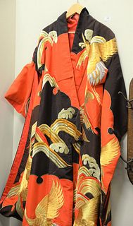 Large Chinese robe with gold threading and phoenix birds, lg. 75".