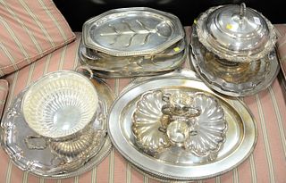 Group of large silver plated items to include large serving trays, covered tureens, bowls, etc.