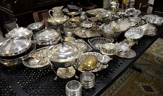 Large group of silverplate to include serving pieces, tureens, flatware, compotes, etc.
