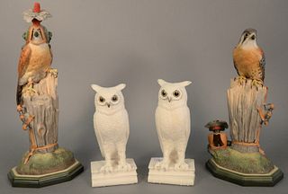 Four piece lot to include two Boehm "Kestrel" both #492 (one with broken flower) and pair of white owls on books, tallest ht. 16 1/2".