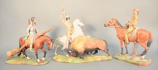 Three Laslo Ispanky porcelain sculptures to include Native American on horseback with bull, limited edition 13/200; young Native American woman on hor
