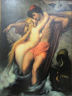 Contemporary, 20th C. decorative oil on canvas of two lovers in gilt frame, 48" x 36".