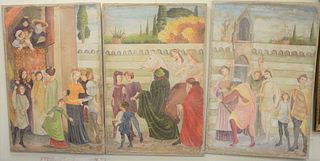 Large three part French classical oil on canvas having courting scene with dancing and music, each panel 59" x 39".