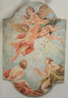 Two large French classical oil on canvas, one having cherubs and partially clad figures, 60" x 40" and the other interior courtyard with figures playi