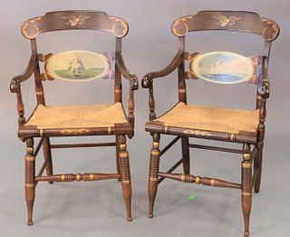 Pair of Hitchcock arm chairs with the Charles W. Morgan and Flying Cloud, both limited edition.