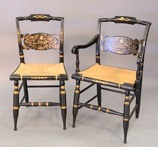 Set of eight Hitchcock pillow back chairs to include four armchairs and four side chairs.