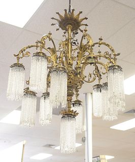 Large Victorian brass chandelier with twist glass prisms, 13 light, one set of prisms missing