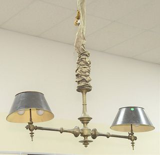 Brass hanging light having two lights with painted tole shades.