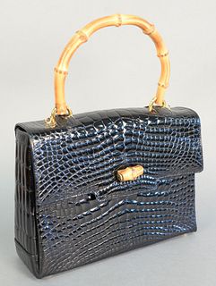 Giorgio's of Palm Beach purse, black alligator with bamboo clasp and handle, black leather interior, shoulder strap inside, ht. 8.5", wd. 12", dp. 3.5