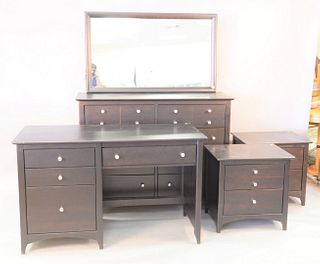 AP Industries five piece bedroom set with chest, ht. 39", wd. 52"; desk, ht. 31", wd. 52" and two stands.