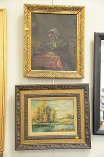 Two piece lot to include 19th C. oil on canvas interior scene with lady pouring tea, signed illegibly lower left, in gilt frame, 16" x 13" along with 