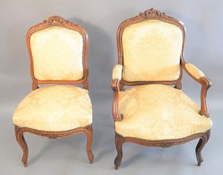 Set of six Louis XV style armchairs to include two armchairs along with four side chairs (upholstery staining and tears).
