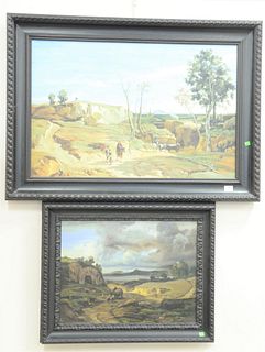 Two large contemporary (20th century) oil on canvas, landscapes with figures, unsigned, 18" x 24" and 24" x 36".