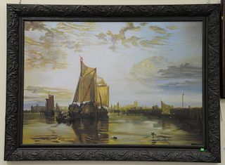Continental oil on canvas, canal loading ship, 20th C., unsigned, 36" x 54".