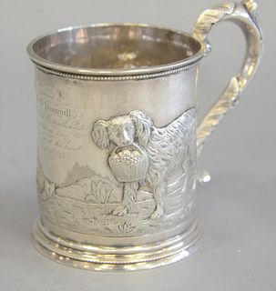 Sterling mug, embossed dog and house landscape marked 'Tenney 251 B Way Award for Three Best Shots with a Pistol 1849', 7.79 t.oz., ht. 4 3/4". 