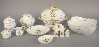 Twelve piece Herend "Rothschild Bird" pattern porcelain serving pieces to include large tureen, large bowl, salts, creamer, sugar, etc. along with set