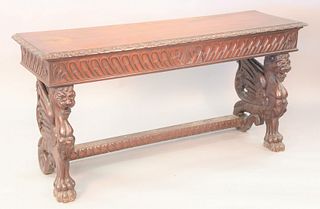 Walnut hall table with winged griffin supports and one drawer, ht. 29 1/2", top: 17 1/2" x 60".