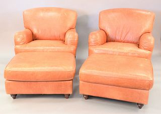 Pair of brown leather easy chairs and ottomans, ht. 36", wd. 36".