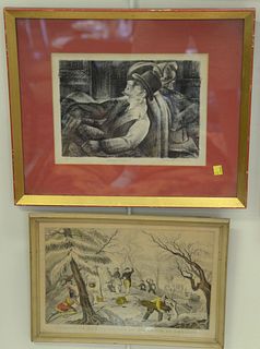 Six framed pieces to include two bullfighting etchings with matador, signed illegibly; two Alexander Kruse lithographs along with two Currier & Ives "