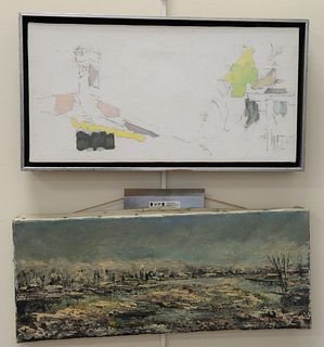 Three piece lot to include Backman (20th C.) abstract of harbor scene with houses and boat, signed lower right 'Backman', Monede Gallery label on vers