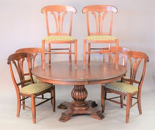 Nicholas and Stone seven piece dining set with round pedestal table and six chairs, one extra leaf (18"), ht. 30", dia. 60", top: 60" x 72".