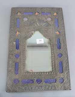 19th century Persian mirror having silver embossed frame and reverse painted panels, circa 1870, 19" x 13"