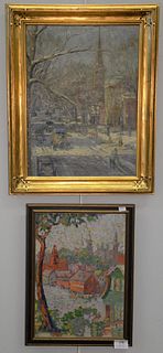 Three oil on board paintings to include Cornelia Vetter (1881 - 1959), snowy street scene with church, signed lower right 'CC Vetter', ht. 16" x 12"; 