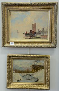 Two framed oil on canvas to include fisherman on coast, unsigned along with LT Fahrestock oil on canvas of winter river landscape, 11" x 14" and 9" x 