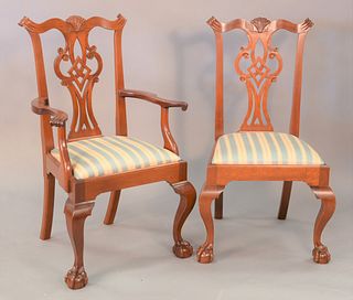 Set of eleven custom mahogany Chippendale style dining chairs, one armchair, ten side chairs, all with custom pinned construction, ht. 40".