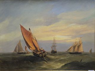 Unsigned 19th C. oil on canvas, fishing vessels at sea, 20" x 24".