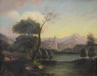 19th C. oil on canvas river landscape with ruins of castle, 22" x 28".