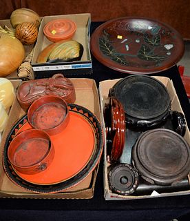 Group of carved Chinese stands and lacquer items to include pair of Regency period red lacquer wine coasters, lacquer trays, carved stands along with 