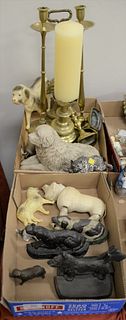 Two tray lots of dog items to include there cellulode, one Schoenhut, pair bookends, two single bookends, brass candlesticks, pricket along with a doo