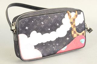 Louis Vuitton Francis purse or clutch bag, black silk with giraffe, original tag and box, copy of receipt, ht. 5.25", wd. 9", dp. 1.75".