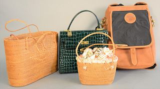 Four piece group to include Tiziana Collections alligator green purse with dust bag, Robin Grubman purse with mounted shell top, leather Mulholland Br