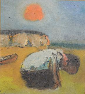 Henry Albert Botkin (1896-1983), oil on board, child kneeled over with boat and sun in background, signed lower left Botkin, in painted frame, 10" x 1