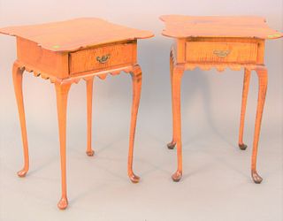 Pair of Dimes Queen Anne style tiger maple stands, each having one drawer and shaped top, ht. 27 1/2", top: 21" x 21".