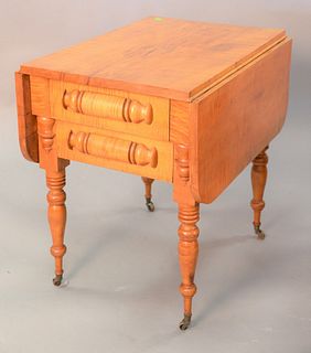 Tiger maple sheraton stand with drop leaves and two drawers on turned legs, c. 1830, ht. 29", top: 20" x 30".