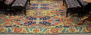 Unusual dragon design room size rug, 8' 2" x 11' 7", minor moth damage and holes.