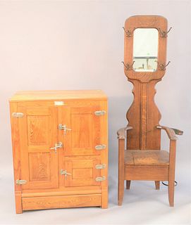 Two piece lot to include oak, three door ice box, ht. 42", wd. 34" along with oak hall rack with mirror, ht. 70".