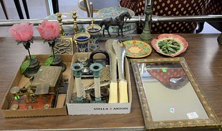 Group of assorted items to include flower candle holders, cloisonne, iron horse door stop, two majolica pieces, scale, etc.