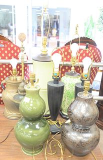 Group of eight table lamps, green glazed bamboo form, two double gourd lamps, southeast style green and white vase along with four other lamps. Estate